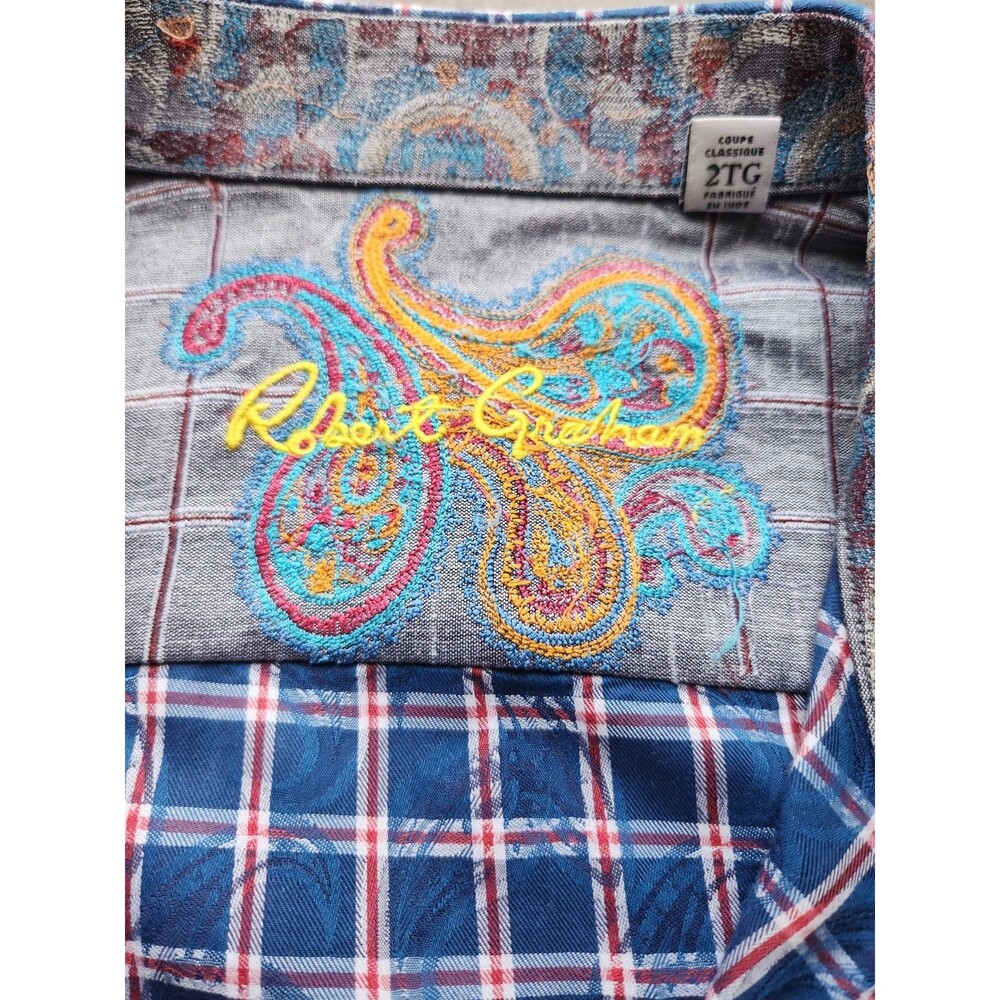 Robert Graham Shirt Button Up Paisley On Plaid Roll Over Cuff Knowledge Red Blue - Picture 2 of 16